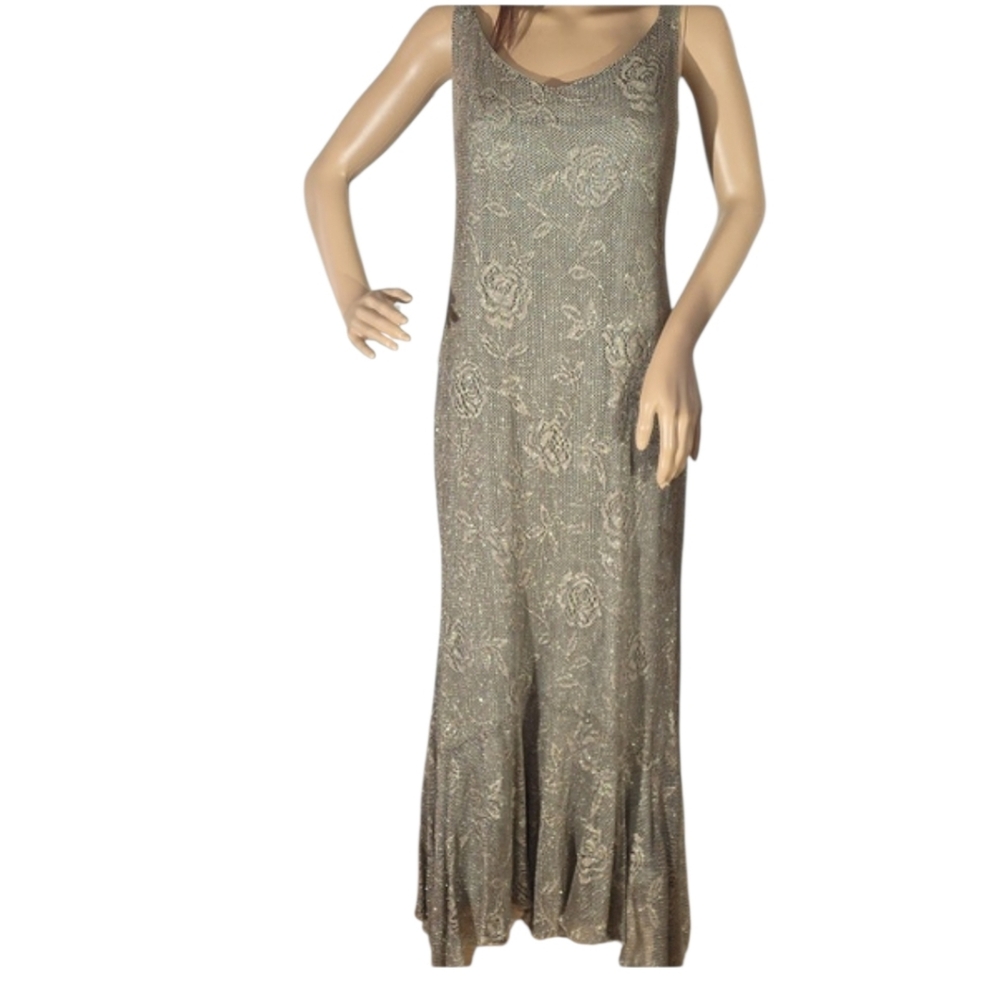 Spencer Alexis Antique Gold Metallic Knit Trumpet/Mermaid Hem Maxi Dress